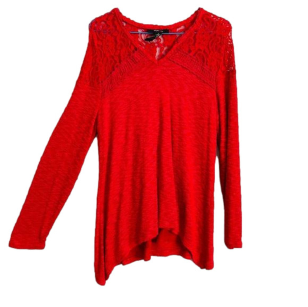 Red Long Sleeve Blouse with Lace Yoke Shoulders and Handkerchief Hem